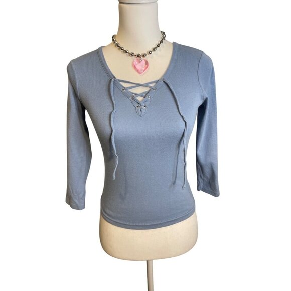 Energie Tops - Vintage Energie Lace Up Grommet T Shirt Blue 3/4 Sleeve Slim Fit Y2K 2000's Sz S